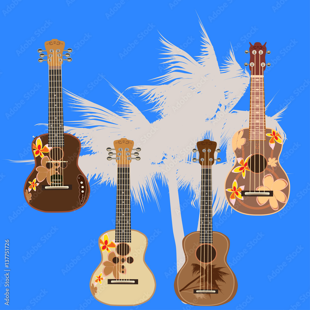 Fototapeta premium Vector illustration of hawaiian electric guitar ukulele isolated on white background.