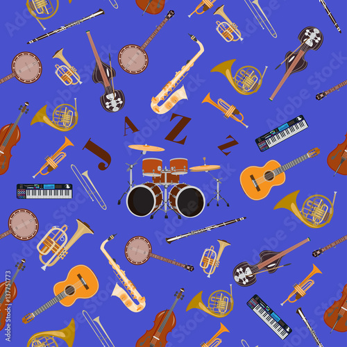 Vector seamless pattern with jazz music instruments.
