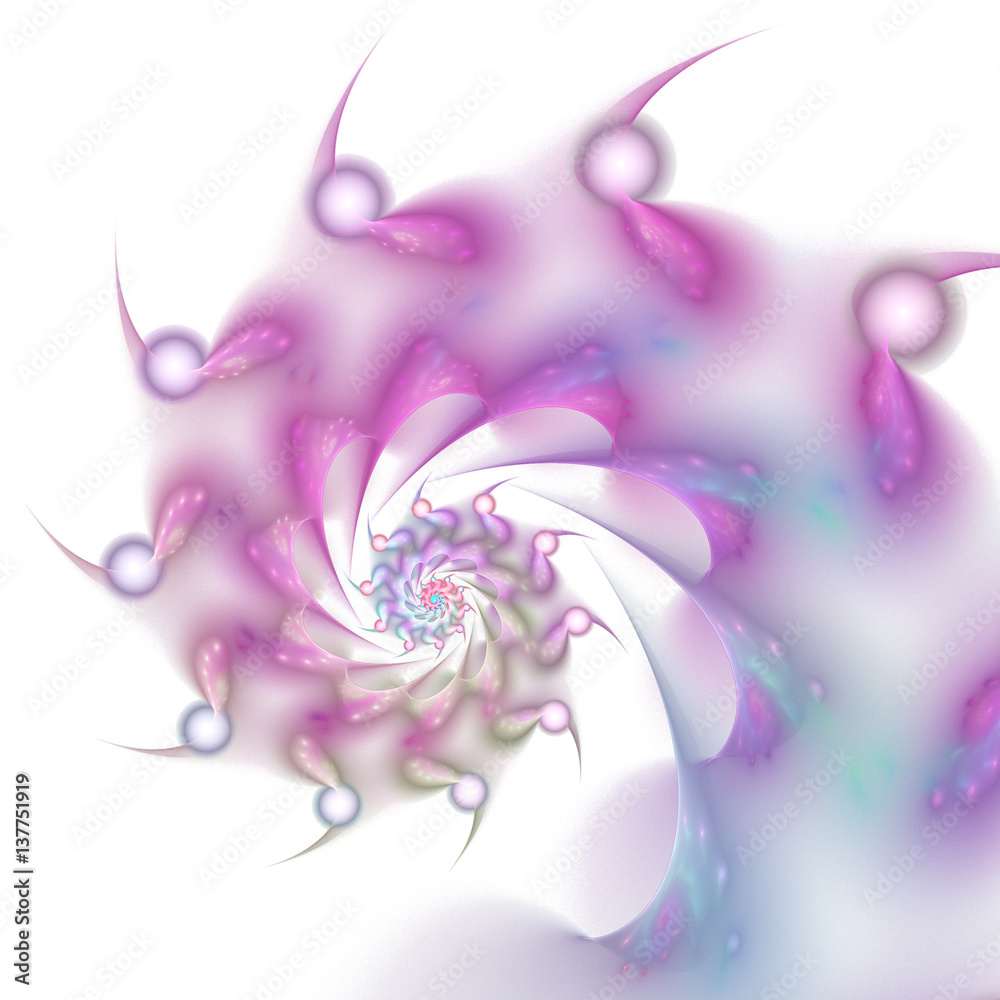 Fototapeta premium Abstract transparent spiral on white background. Fantasy fractal artwork in pastel pink and blue colors. 3D rendering.