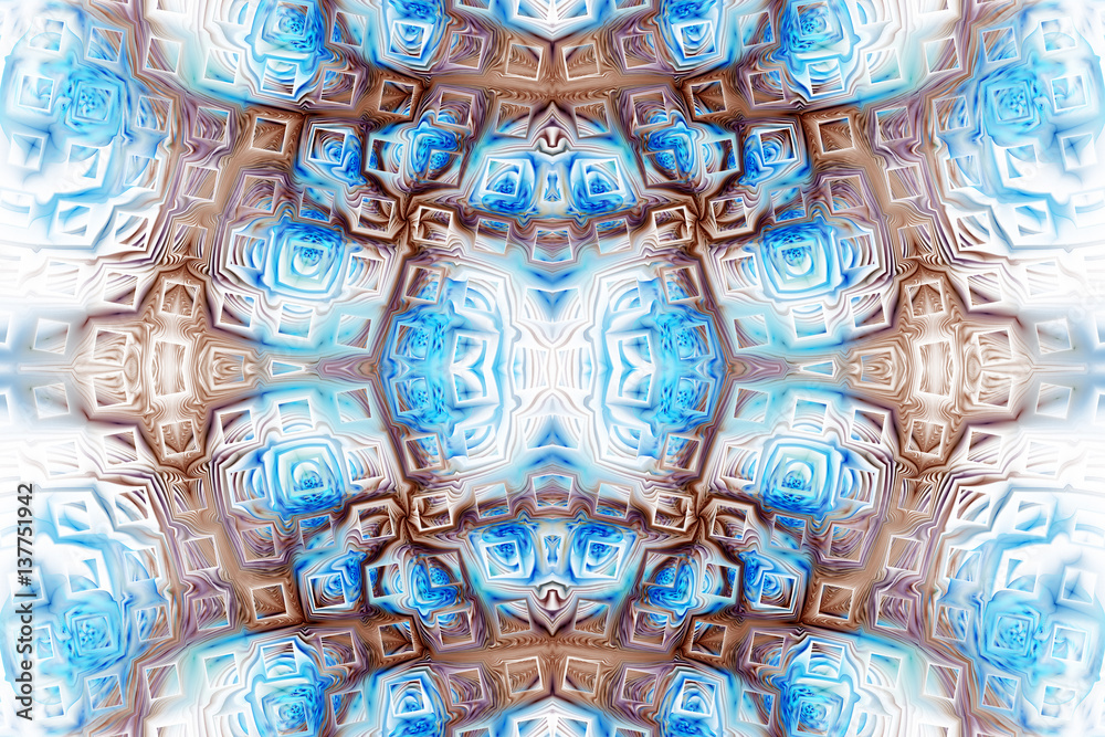 Abstract intricate symmetrical ornament in blue and brown colors. Seamless fractal texture. Digital art. 3D rendering. Abstract intricate symmetrical ornament in blue and brown colors. Seamless fractal texture. Digital art. 3D rendering.