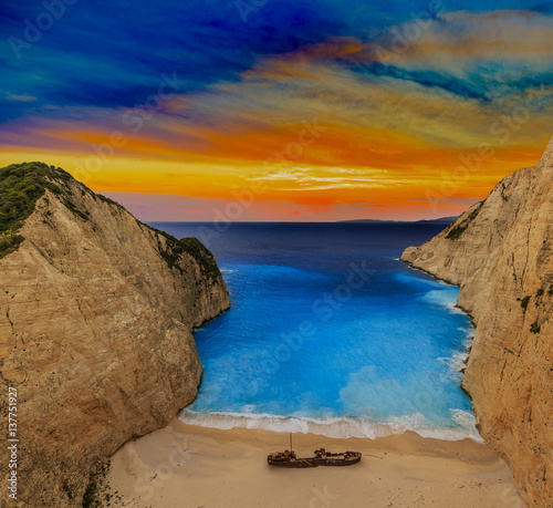 Fototapeta Naklejka Na Ścianę i Meble -  Navagio beach at sunset, Zakynthos island, Greece