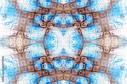 Abstract intricate symmetrical ornament in blue and brown colors. Seamless fractal texture. Digital art. 3D rendering.