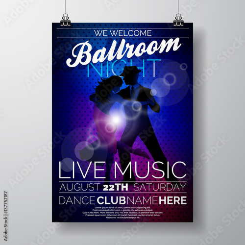 Vector Ballroom Night Party Flyer design with couple dancing tango on dark background. EPS 10 illustration