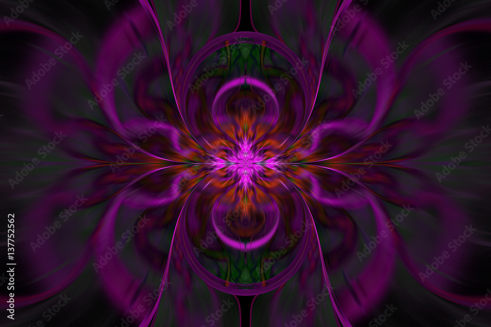 Abstract fantasy exotic flower. Psychedelic symmetrical design in dark red, pink, green and black colors. Digital fractal art. 3D rendering.