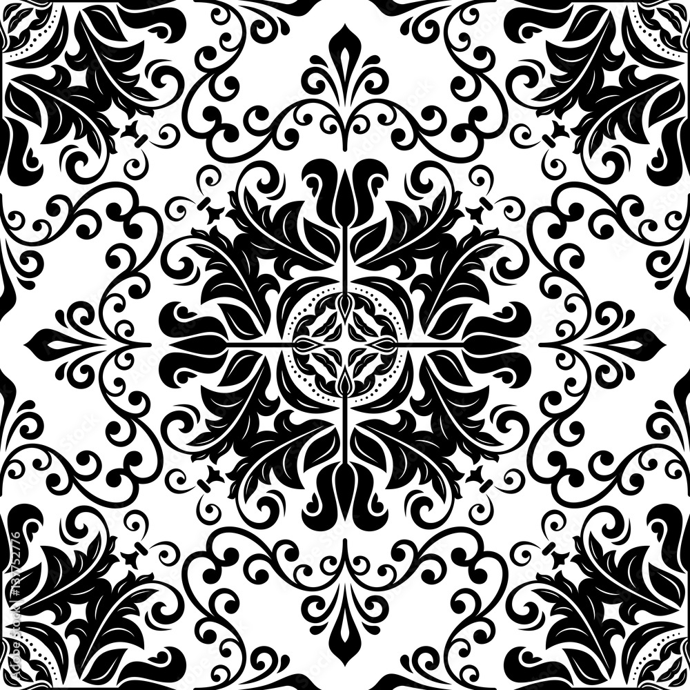 Seamless damask pattern. Traditional classic orient ornament. Black and white pattern