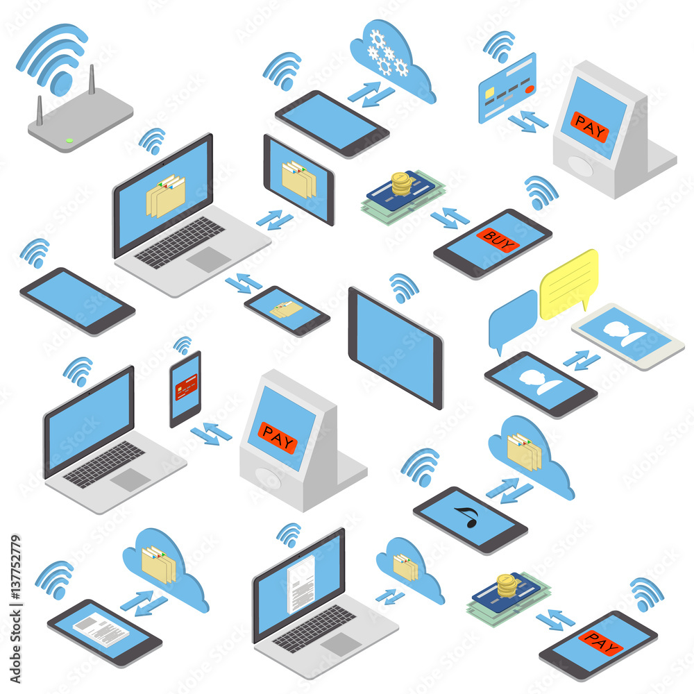 Set of different wireless mobile devices, buying, on the internet for sale. Isometric vector illustration