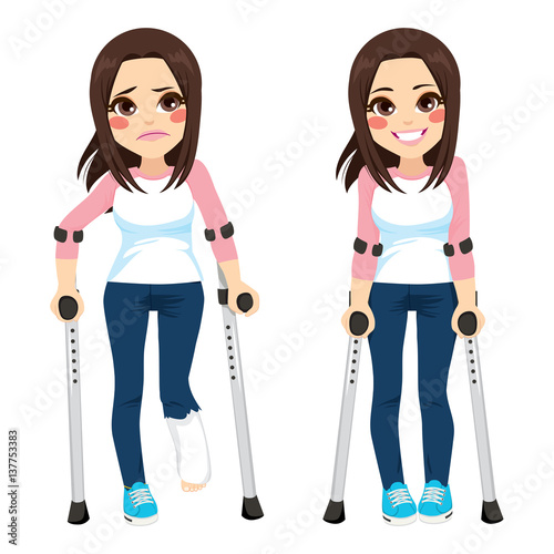 Girl with sad expression and broken leg walking with crutches then happy after recovery