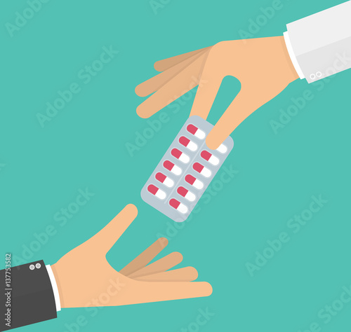 Hand giving medicine pills in a blister pack to another hand. Vector illustration in flat style