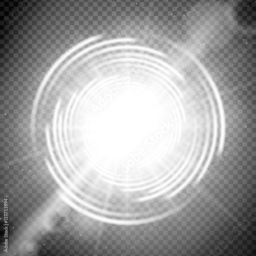 Vector light effect on transparent background. Glowing cosmic vortex or super nova with lens flares illustration.