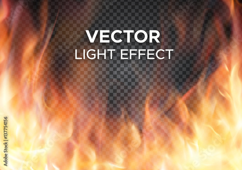 Burning fire flames on transparent background. Vector special light effect