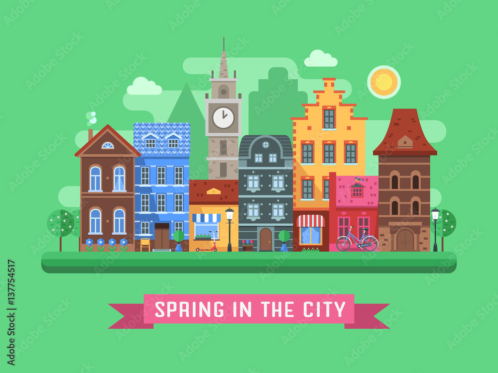Europe spring street background with traditional houses, clock tower, blossoming trees and flower pots by sunny day. Old city urban landscape with colorful building facades and springtime symbols.