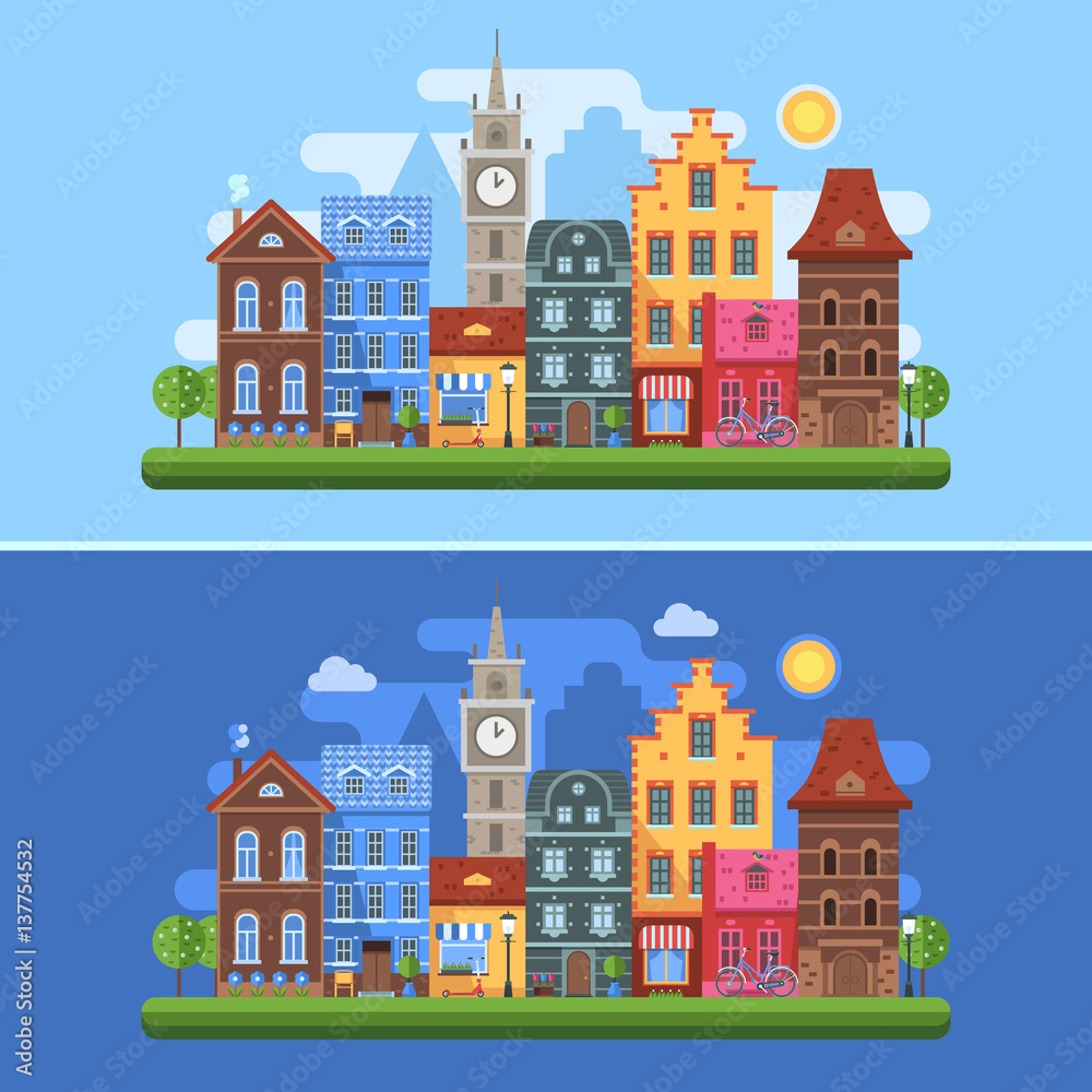 Europe spring city flat landscape with traditional houses, clock tower and flower pots by sunny day. Old town street horizontal banners with colorful building facades and springtime symbols.