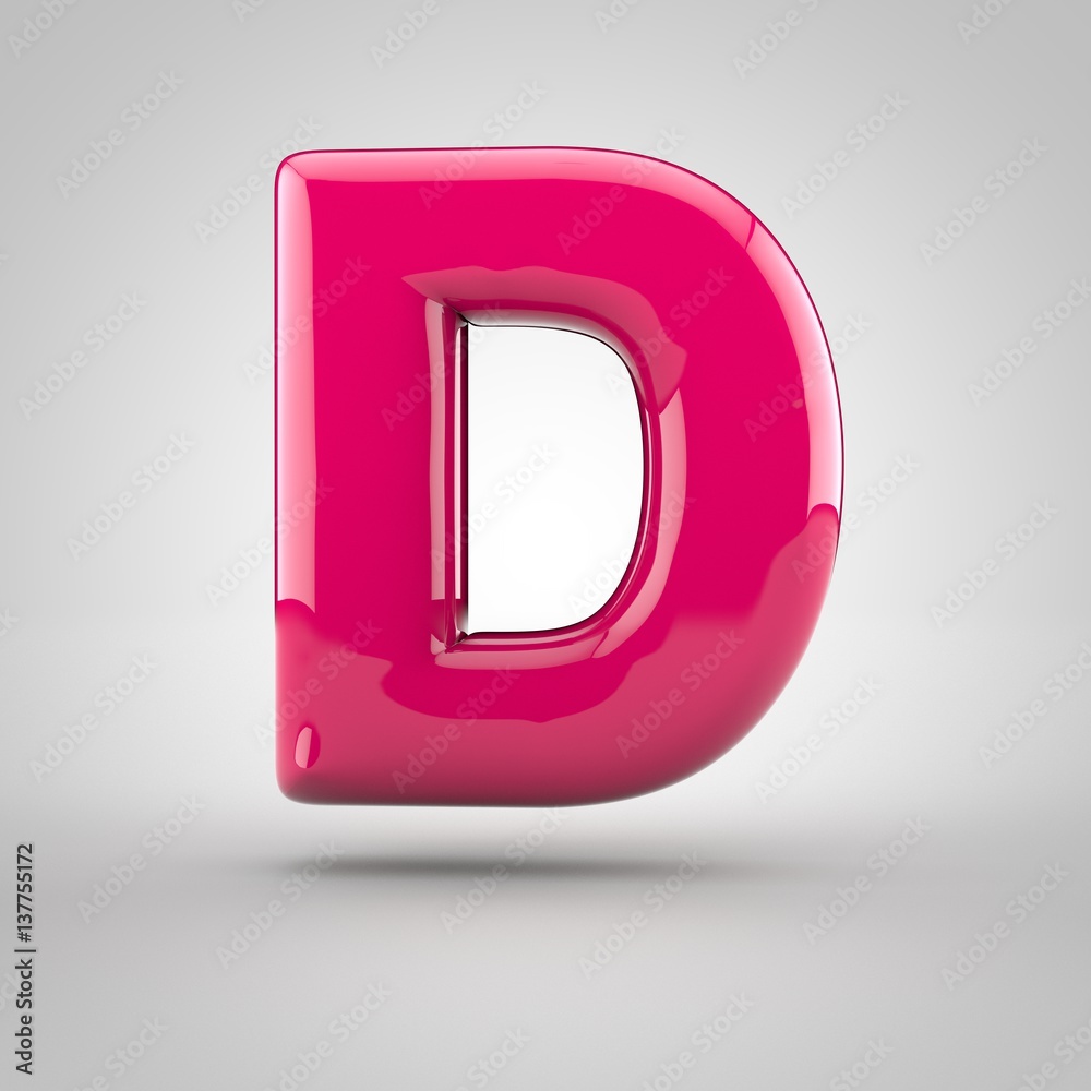 Glossy pink paint letter D uppercase. 3D render of bubble font with glint isolated on white background. Glossy pink paint letter D uppercase. 3D render of bubble font with glint isolated on white background.