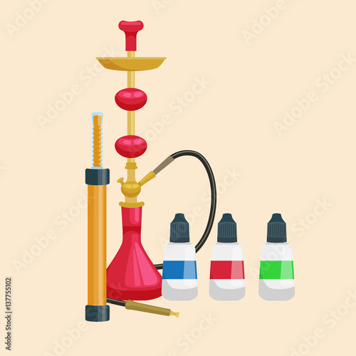 Colorful and modern red hookah isolated with bottled liquid vector illustration