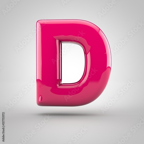 Fototapeta Naklejka Na Ścianę i Meble -  Glossy pink paint letter D uppercase. 3D render of bubble font with glint isolated on white background.