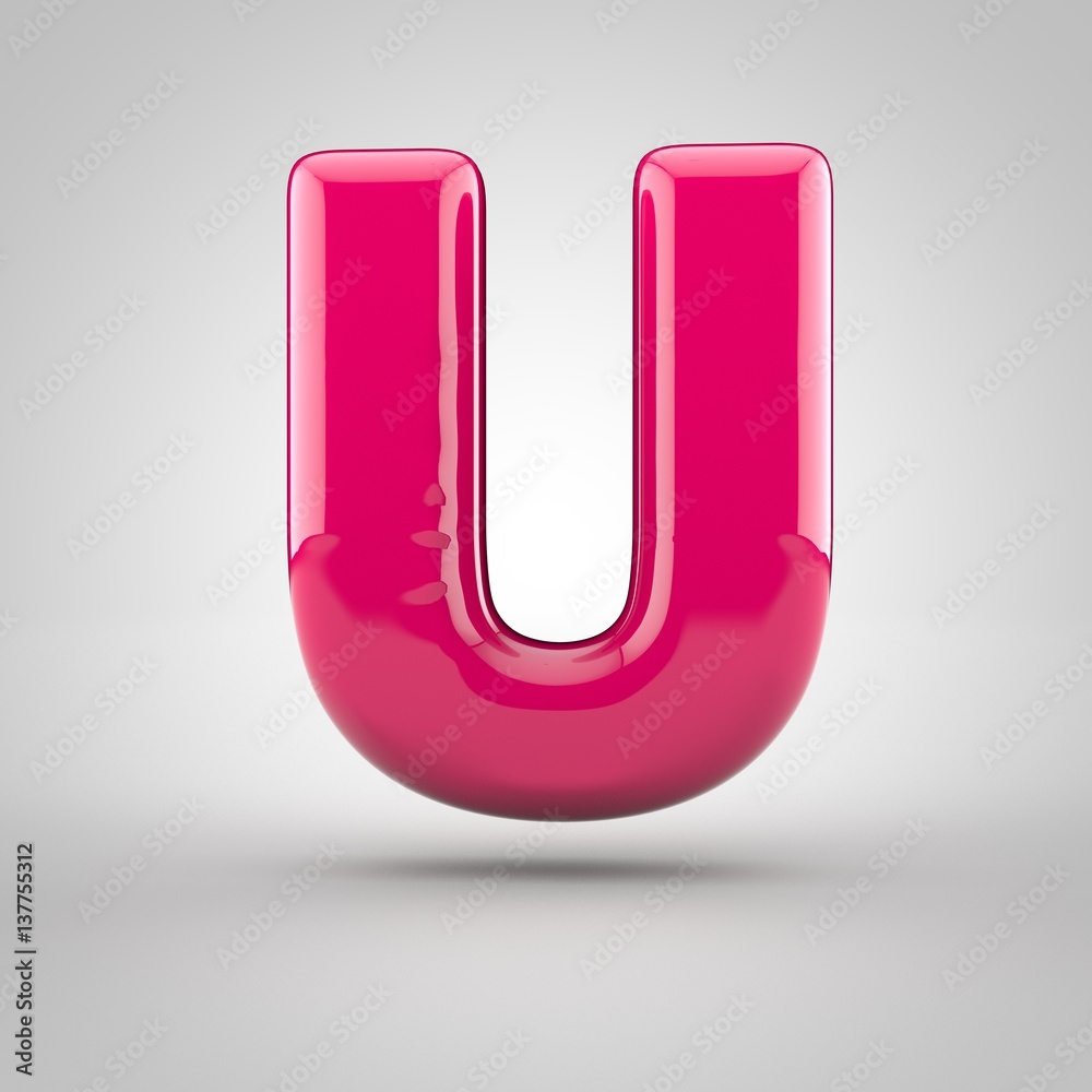 Glossy pink paint letter U uppercase. 3D render of bubble font with glint isolated on white background. Glossy pink paint letter U uppercase. 3D render of bubble font with glint isolated on white background.