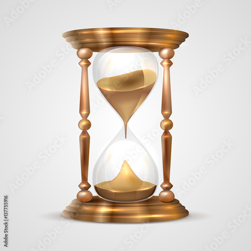 Shiny realistic transparent glass and wooden sandglass