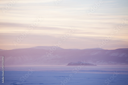 Lake Baikal  winter. Sunset landscape.