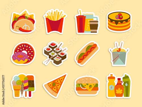 Fastfood and streetfood stickers set. Vector illustration.