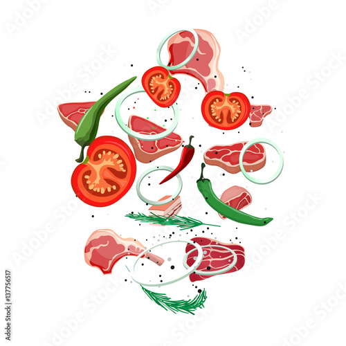 Set of meat food Isolated on white background