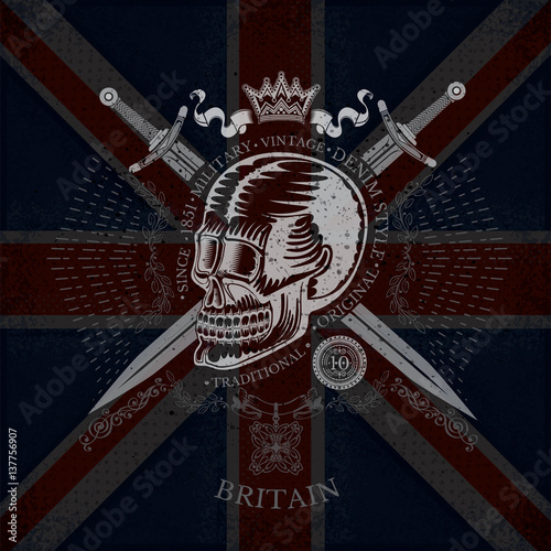 Skull with cross swords with ray and crown. Military heraldic habel on Britain flag background