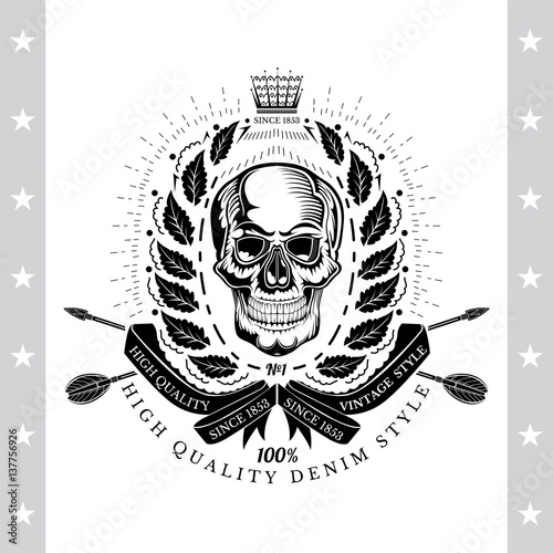 Skull front view with wreath and cross arrows behind. Vintage label isolated on white