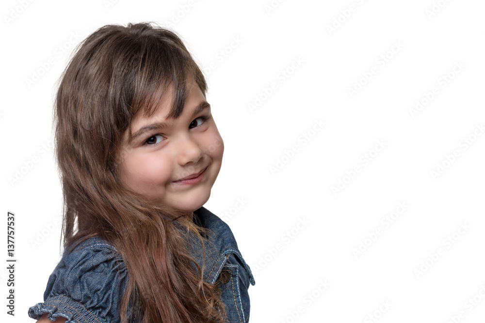 Portrait of long haired brunette little girl isolated on the white background. Free place for your text is in the right side of the photo. Portrait of long haired brunette little girl isolated on the white background. Free place for your text is in the right side of the photo.