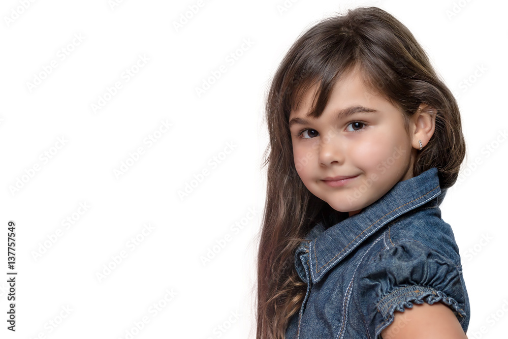 Portrait of long haired brunette little girl isolated Portrait of long haired brunette little girl isolated