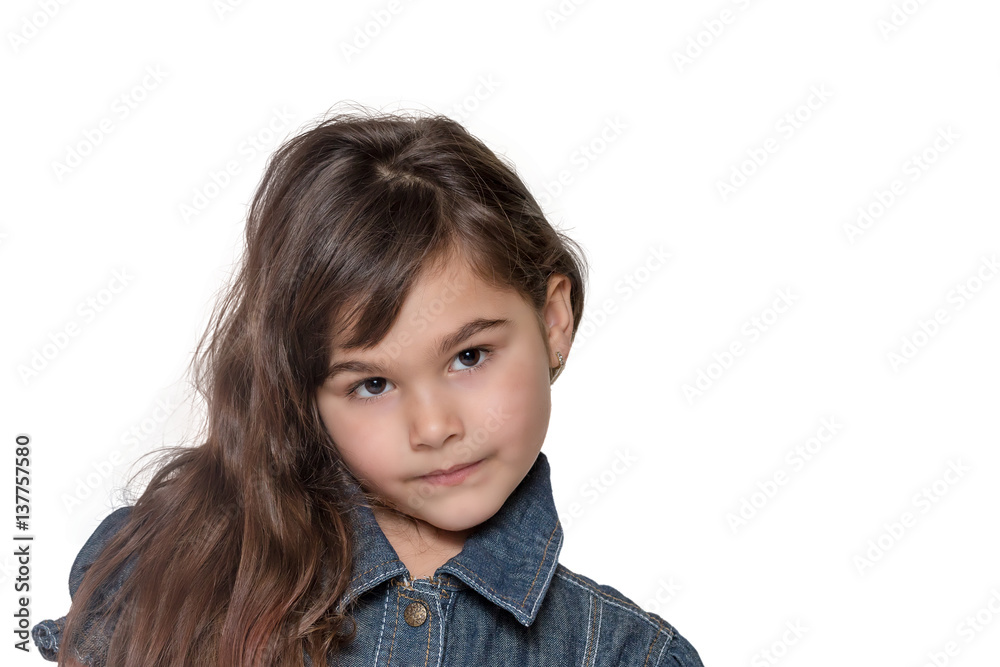 Portrait of long haired brunette little girl isolated on the white background. Girl is looking at the camera. Portrait of long haired brunette little girl isolated on the white background. Girl is looking at the camera.