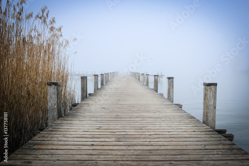 Holzsteg im Nebel am See