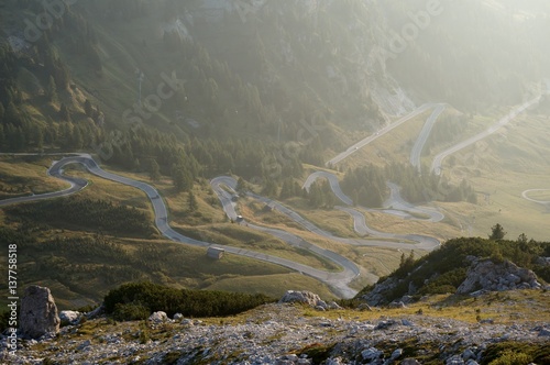 Pass Straße leuchtet im Morgenlicht / Grödner Joch / Südtirol  photo