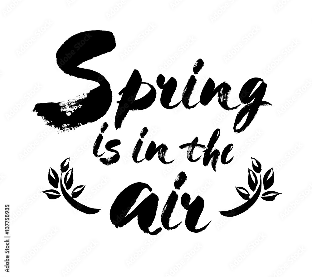 Hand lettered inspirational quote Spring is in the air. Hand brushed ink lettering. Modern brush calligraphy. Vector Hand lettered inspirational quote Spring is in the air. Hand brushed ink lettering. Modern brush calligraphy. Vector