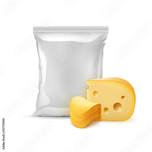 Vector Stack of Potato Crispy Chips with Cheese and Vertical Sealed Empty Plastic Foil Bag for Package Design Close up Isolated on White Background