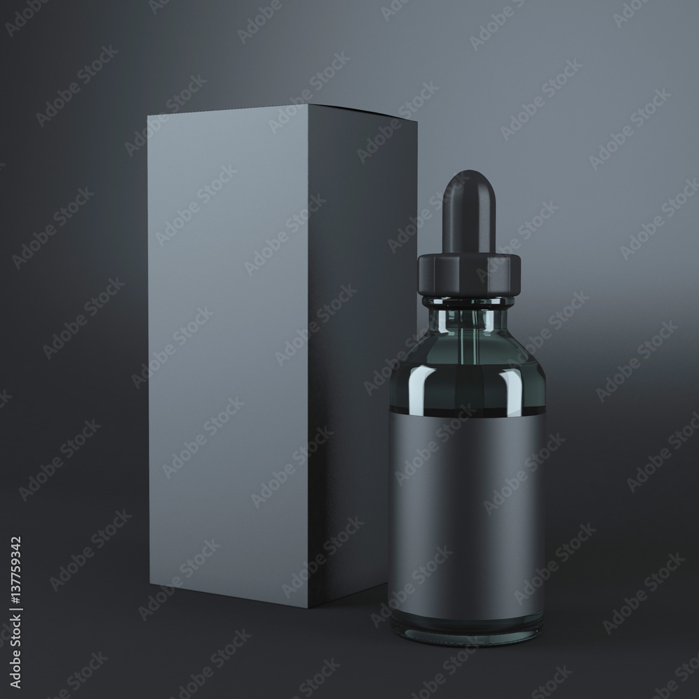 Black glass bottle with label and box. 3d rendering Black glass bottle with label and box. 3d rendering