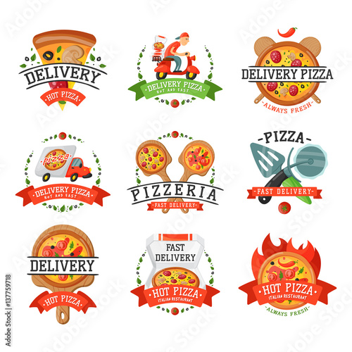 Delivery pizza badge vector illustration.