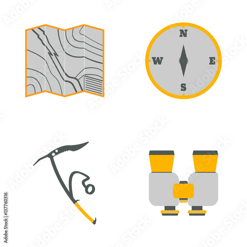 Map, compass, ice ax, binoculars flat icons.Tourism equipment. Trip web elements. Vector illustration.