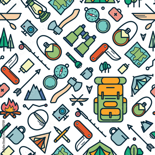 Line Style Travel Seamless Pattern. Vector Illustration of Tourism.