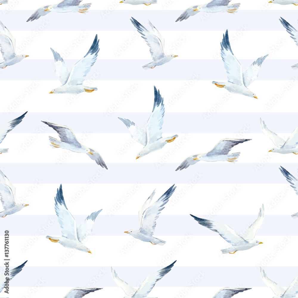 Fototapeta premium Watercolor seagull vector pattern