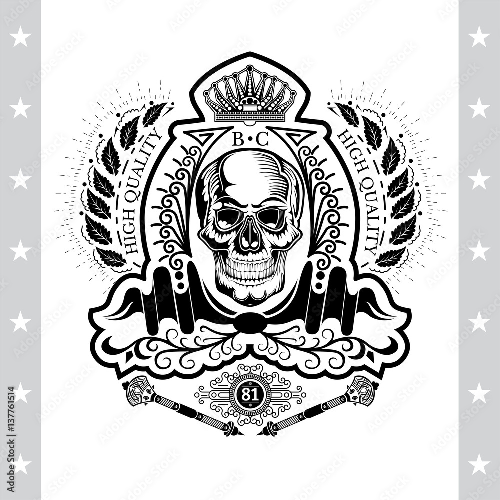 Skull front view in center of laurel wreath with cross maces under. Heraldic vintage label on white