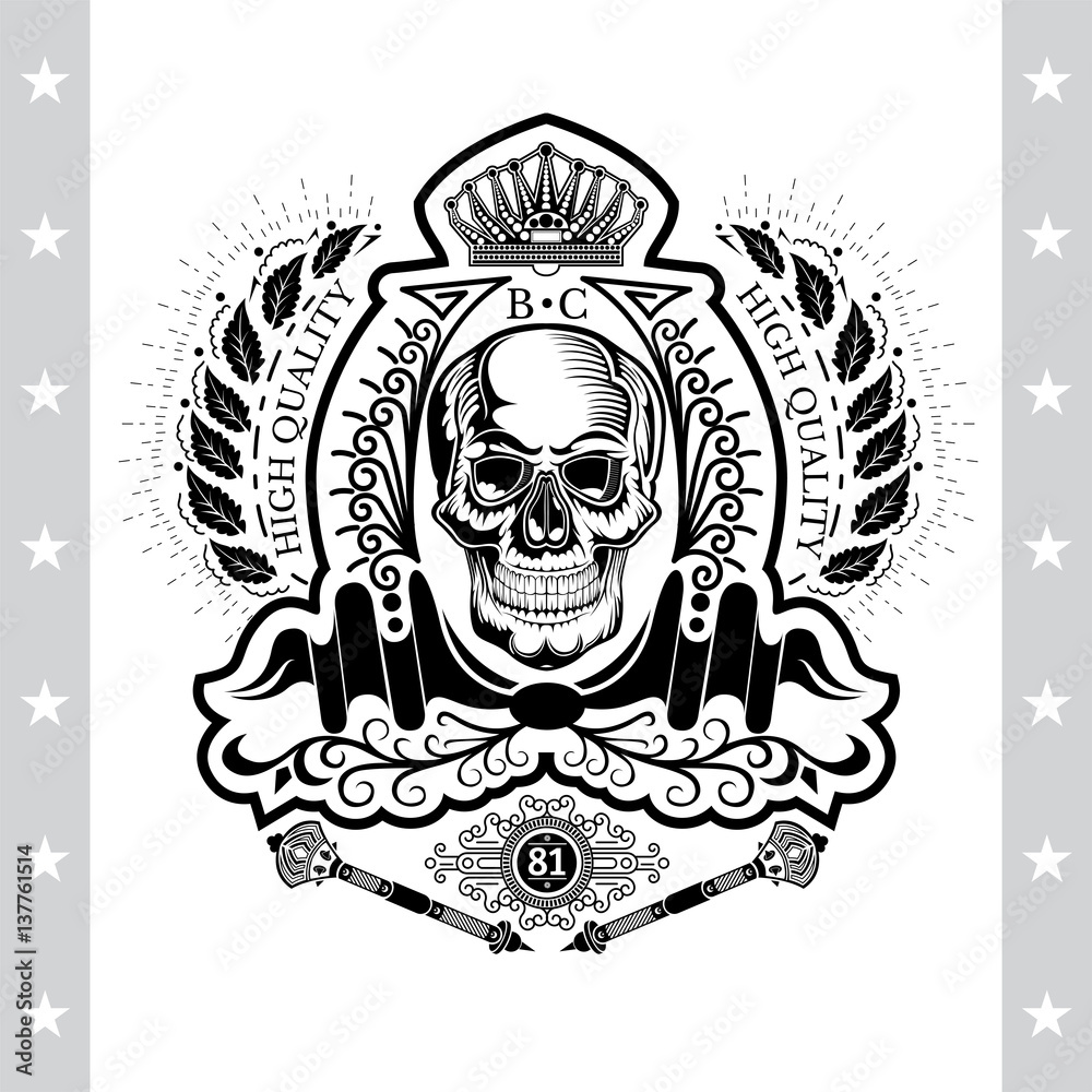 Skull front view in center of laurel wreath with cross maces under. Heraldic vintage label on white Skull front view in center of laurel wreath with cross maces under. Heraldic vintage label on white