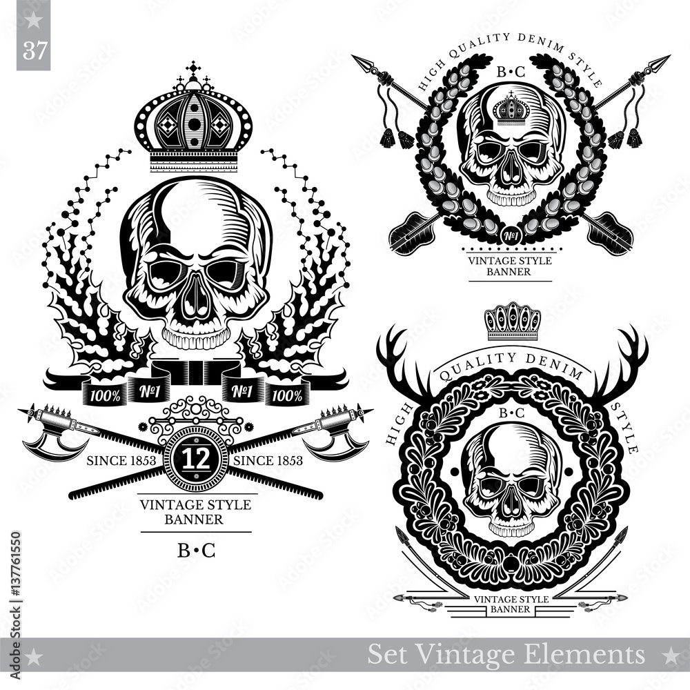 Fototapeta premium Skull front view without a lower jaw in the center of floral wreath with vintage weapon. Set of vintage banners on white