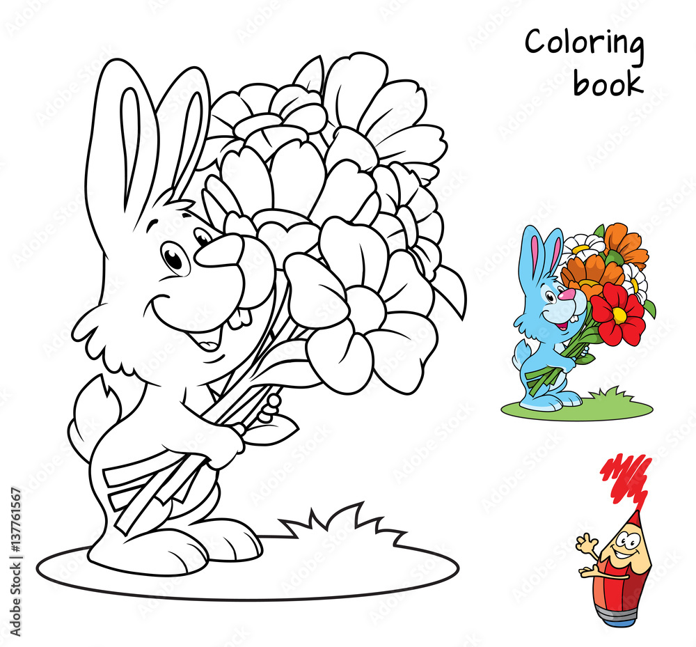 Cute little rabbit with a bouquet of flowers. Coloring book. Cartoon vector illustration Cute little rabbit with a bouquet of flowers. Coloring book. Cartoon vector illustration