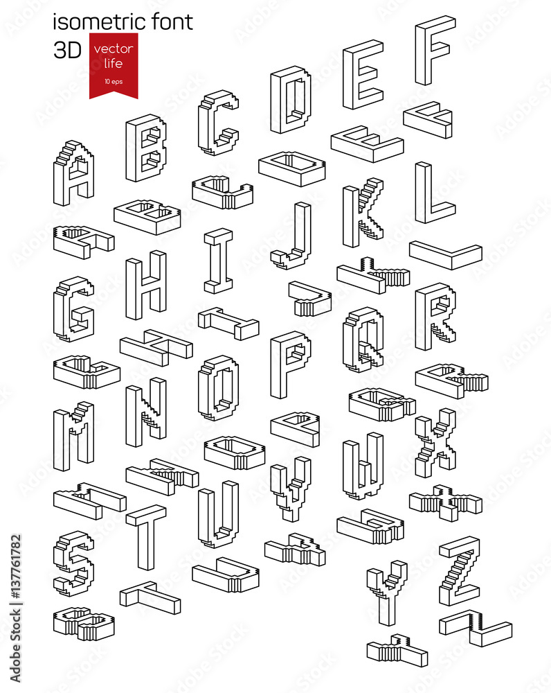 Isometric alphabet font. Stylized 3D icons for web and mobile devices.