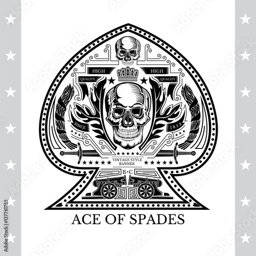 Ace of spades from skull front view between wreath and vintage weapon. Vintage heraldic label on white