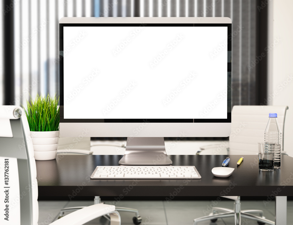 3D Modern office with blank computer screen. Mockup 3D Modern office with blank computer screen. Mockup