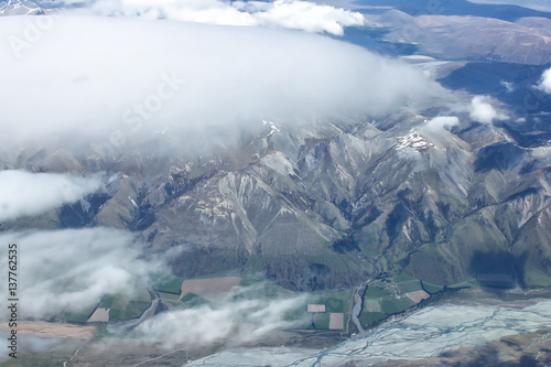 Aerial view of New Zealand mountains, South Island. Photo is taken from airplane heading from Sydney to Christchurch. photo