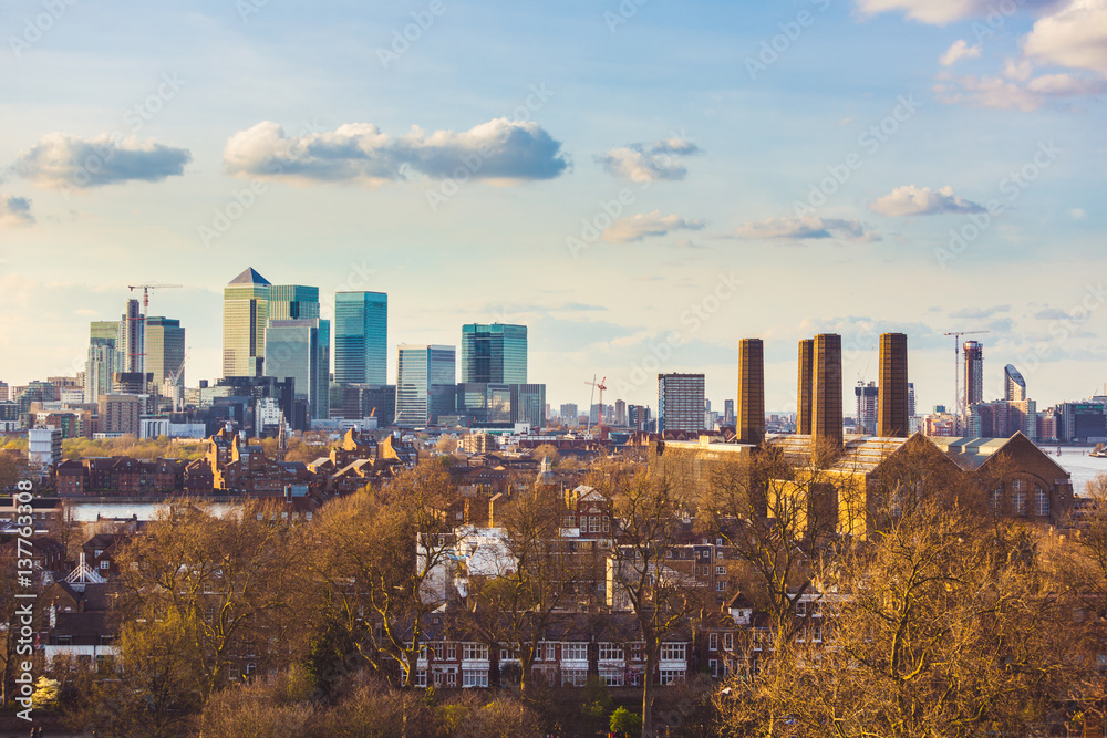 Panoramic view of London from Greenwich park at sunset