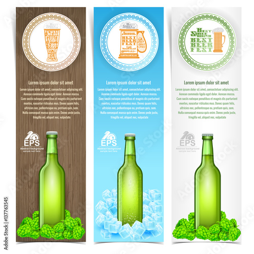 Brochure template for beer theme with green bottle on hop and ice cube
