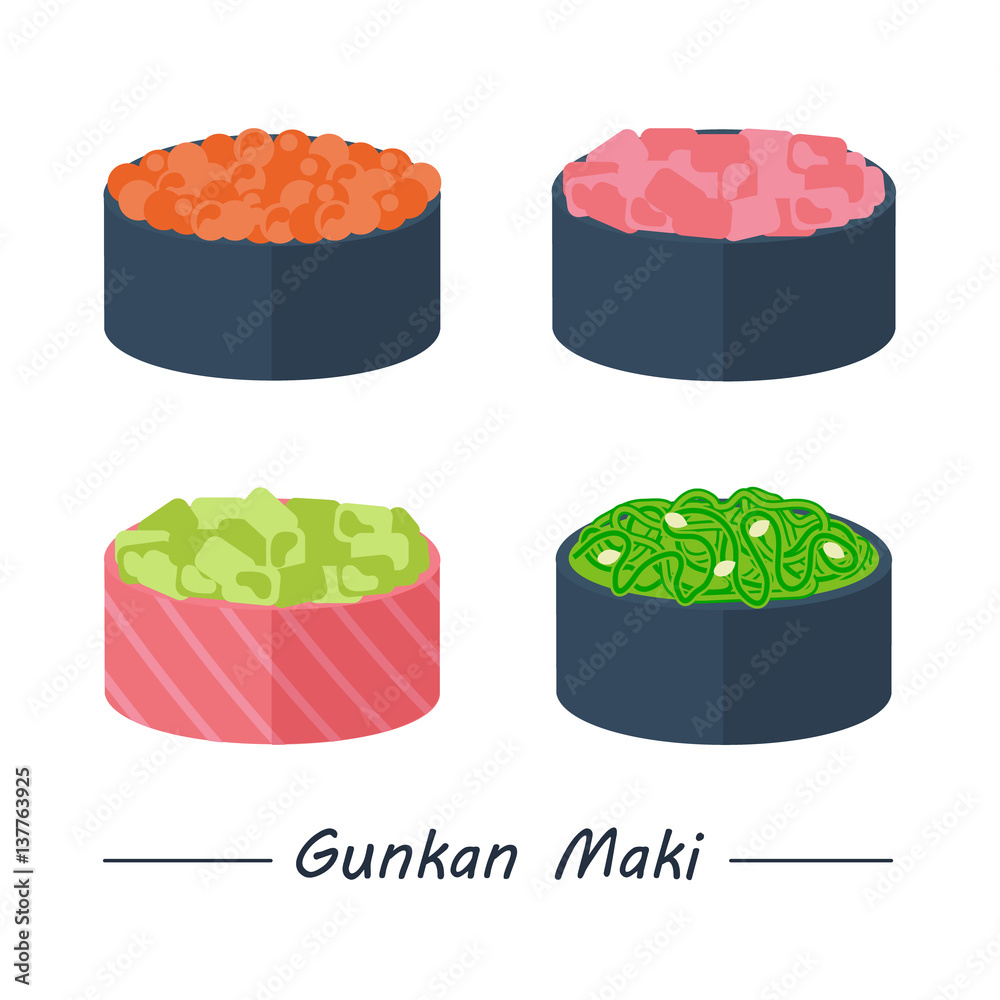 Gunkan maki with different fillings. Sushi rolls set icons. Vector illustration. Flat style.