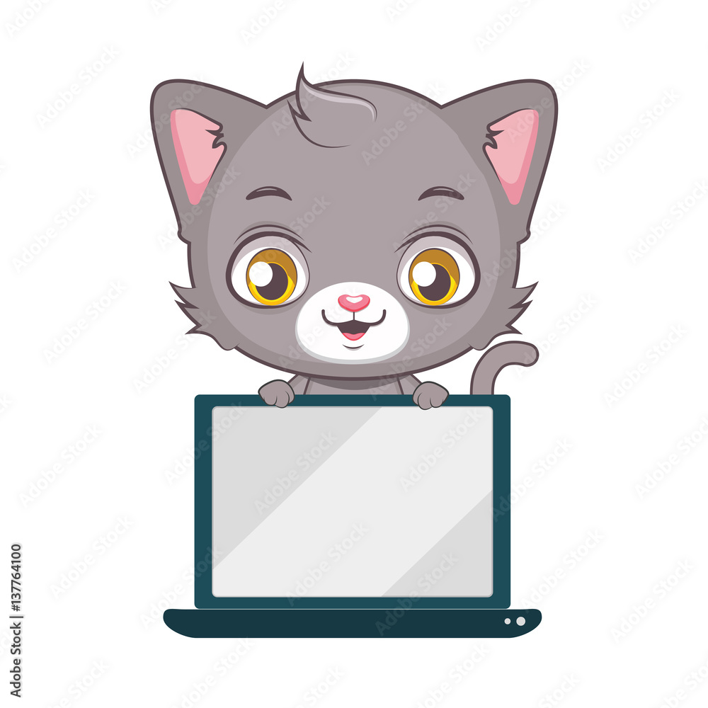 Cute gray cat character holding a laptop Cute gray cat character holding a laptop